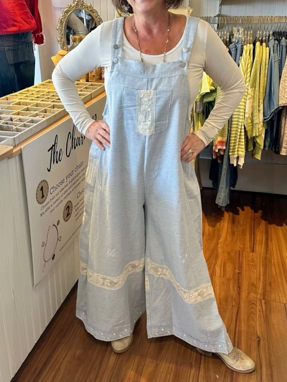 Pol Lace Trim Vintage Washing 100%Cotton Overalls Wide-Leg Sky Blue S M L Relaxe - Picture 8 of 11